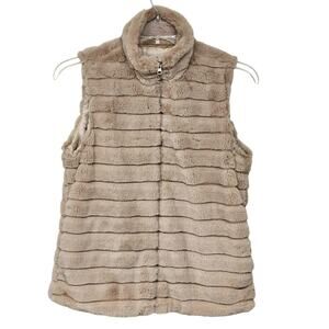 Katydid Womens Faux Fur Vest Sz Small Zip Front Mock Neck Glam Mob Wife Neutral